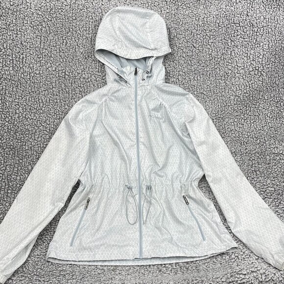 Columbia Hooded Cinched Waist Silver Gray Print Windbreaker Jacket Women's M - Picture 2 of 12